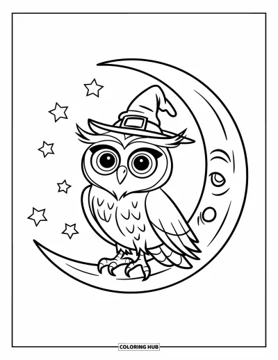 Dibujo de búhos para colorear para niños: Un búho con sombrero de mago, de pie sobre una luna creciente rodeada de estrellas