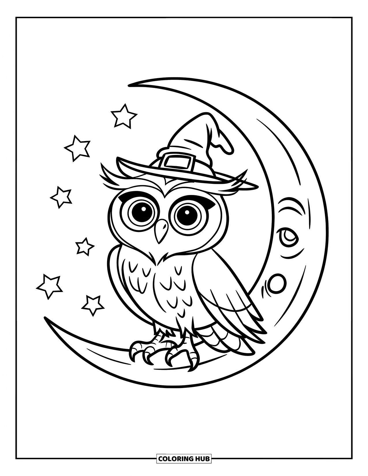 Owl Coloring Page for Kids: An owl in a wizard hat, standing on a crescent moon surrounded by stars