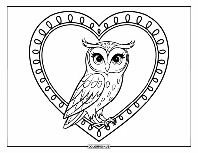 Dibujo de búhos para colorear para niños: Un búho dentro de un marco en forma de corazón, con plumas suaves y fondo limpio y sencillo