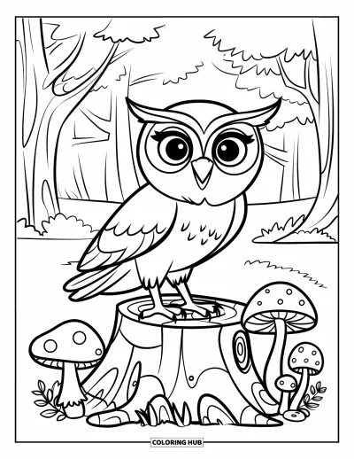 Dibujo de búhos para colorear para niños: Un búho sobre un tocón, rodeado de hongos y plantas, en un bosque con árboles al fondo