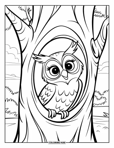Dibujo de búhos para colorear para niños: Un búho asomándose desde un hueco del árbol, posado en una rama, con cielo despejado arriba