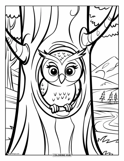 Dibujo de búhos para colorear para niños: Un búho asomándose desde un hueco del árbol, con cuerpo redondo y un paisaje tranquilo