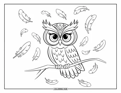 Dibujo de búhos para colorear para niños: Un búho posado en una rama, rodeado de plumas flotantes y ojos expresivos