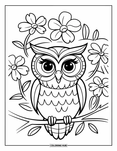 Dibujo de búhos para colorear para niños: Un búho posado en una rama rodeada de flores, con pétalos delicados y fondo simple