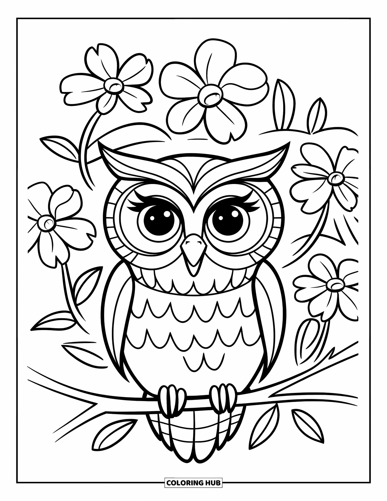 Owl Coloring Page for Kids: An owl perched on a branch surrounded by flowers, with delicate petals and a simple background