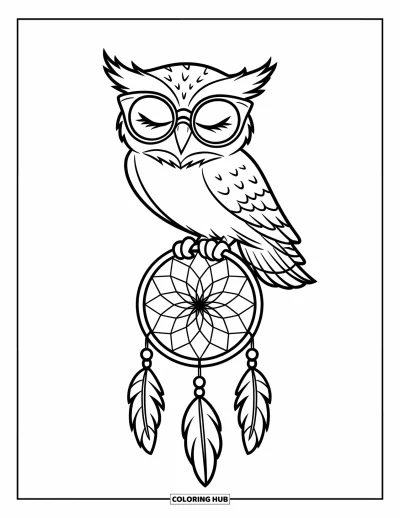 Dibujo de búhos para colorear para niños: Un búho posado en un atrapasueños con ojos cerrados, con gafas y rodeado de cuentas