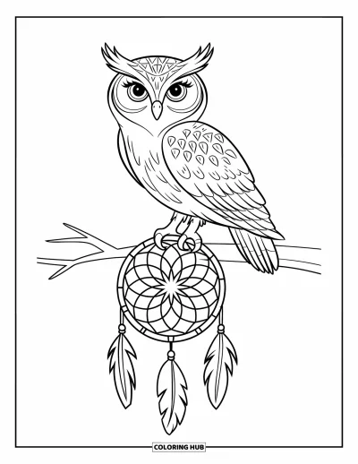 Dibujo de búhos para colorear para niños: Un búho posado sobre un atrapasueños, con plumas detalladas y una expresión tranquila