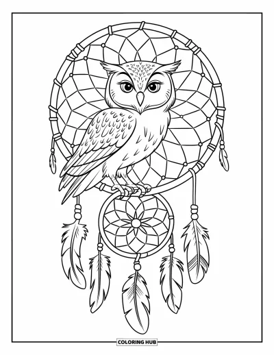 Dibujo de búhos para colorear para niños: Un búho posado en un atrapasueños, con ojos grandes y una red tejida decorada con cuentas