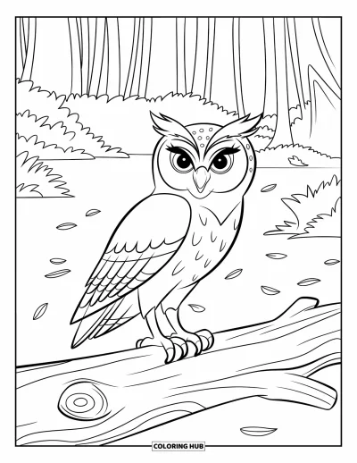 Dibujo de búhos para colorear para niños: Un búho posado en un tronco caído con fondo de bosque, rodeado de hojas pequeñas