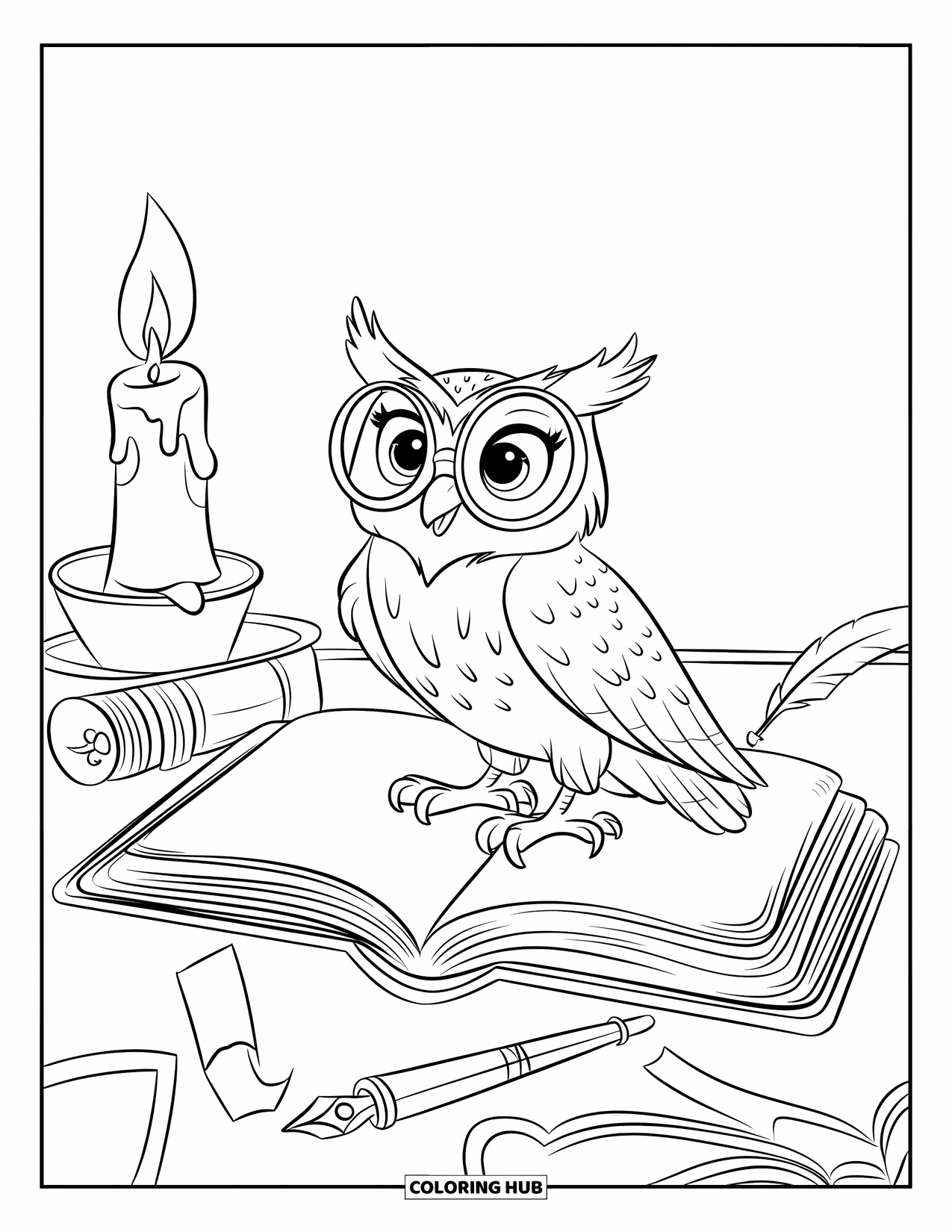 Owl Coloring Page for Kids: An owl perched on an open book with glasses, a candle, and a pen beside it