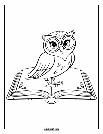 Dibujo de búhos para colorear para niños: Un búho posado sobre un libro abierto con gafas y elementos decorativos