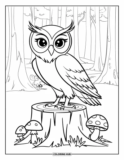 Dibujo de búhos para colorear para niños: Un búho de pie sobre un tocón, rodeado de hongos y plantas, en medio del bosque
