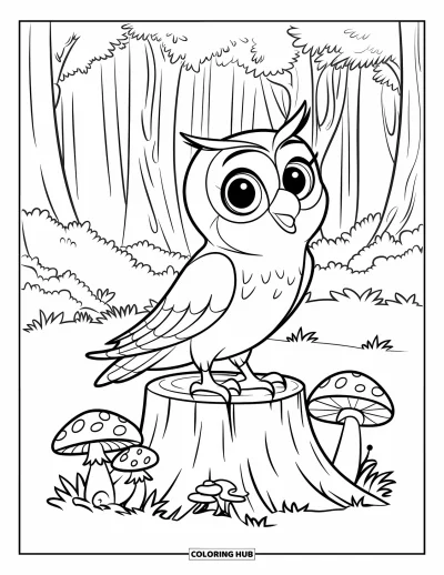Dibujo de búhos para colorear para niños: Un búho de pie sobre un tocón con un ojo bien abierto, rodeado de hongos en un bosque