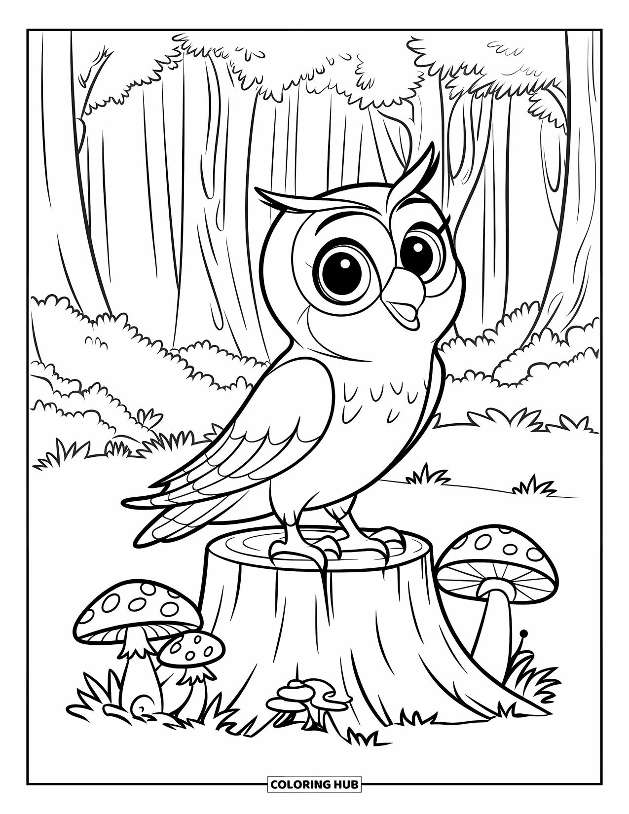 Owl Coloring Page for Kids: An owl standing on a tree stump with a wide-open eye, surrounded by mushrooms in a forest