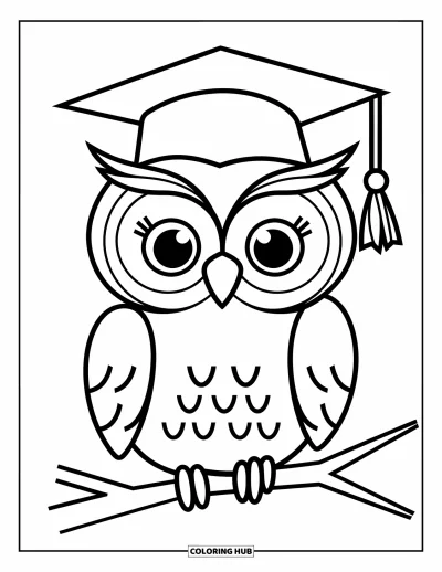 Dibujo de búhos para colorear para niños: Un búho con birrete de graduación, posado en una rama con rasgos sencillos