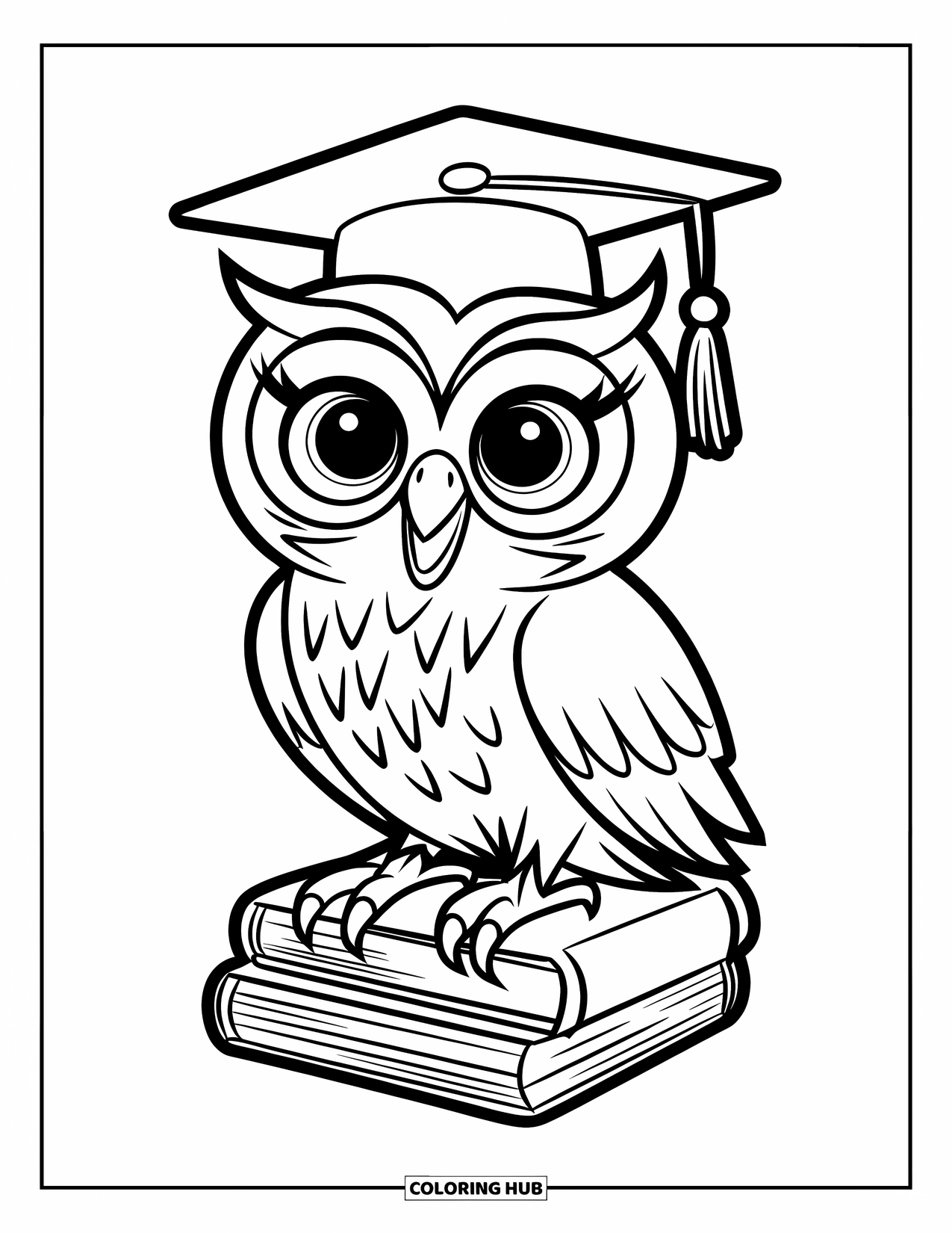 Owl Coloring Page for Kids: An owl wearing a graduation cap standing on a pile of books