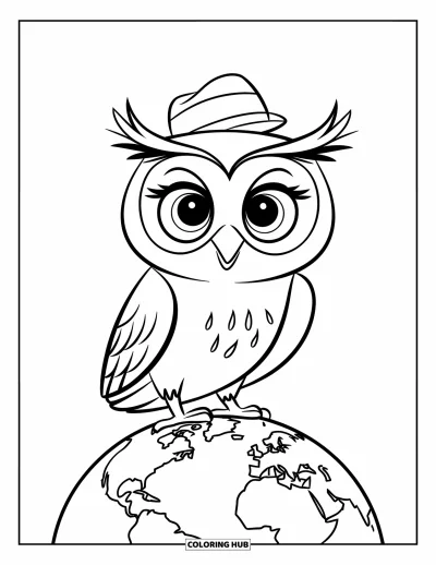 Dibujo de búhos para colorear para niños: Un búho con sombrero, de pie sobre un globo terráqueo con continentes, con fondo limpio