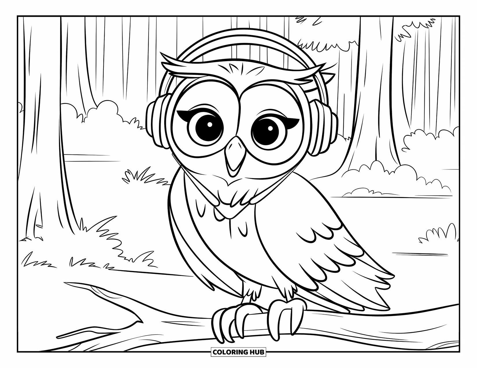 Owl Coloring Page for Kids: An owl wearing headphones, perched on a branch in a serene forest with tall trees