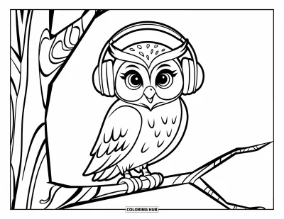 Dibujo de búhos para colorear para niños: Un búho con audífonos, posado en una rama con detalle moderado y un diseño atractivo