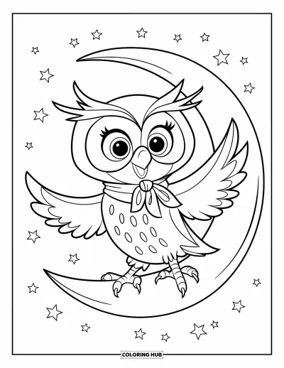 Dibujo de búhos para colorear para niños: Un búho con bufanda roja, de pie sobre una luna creciente con las alas bien abiertas