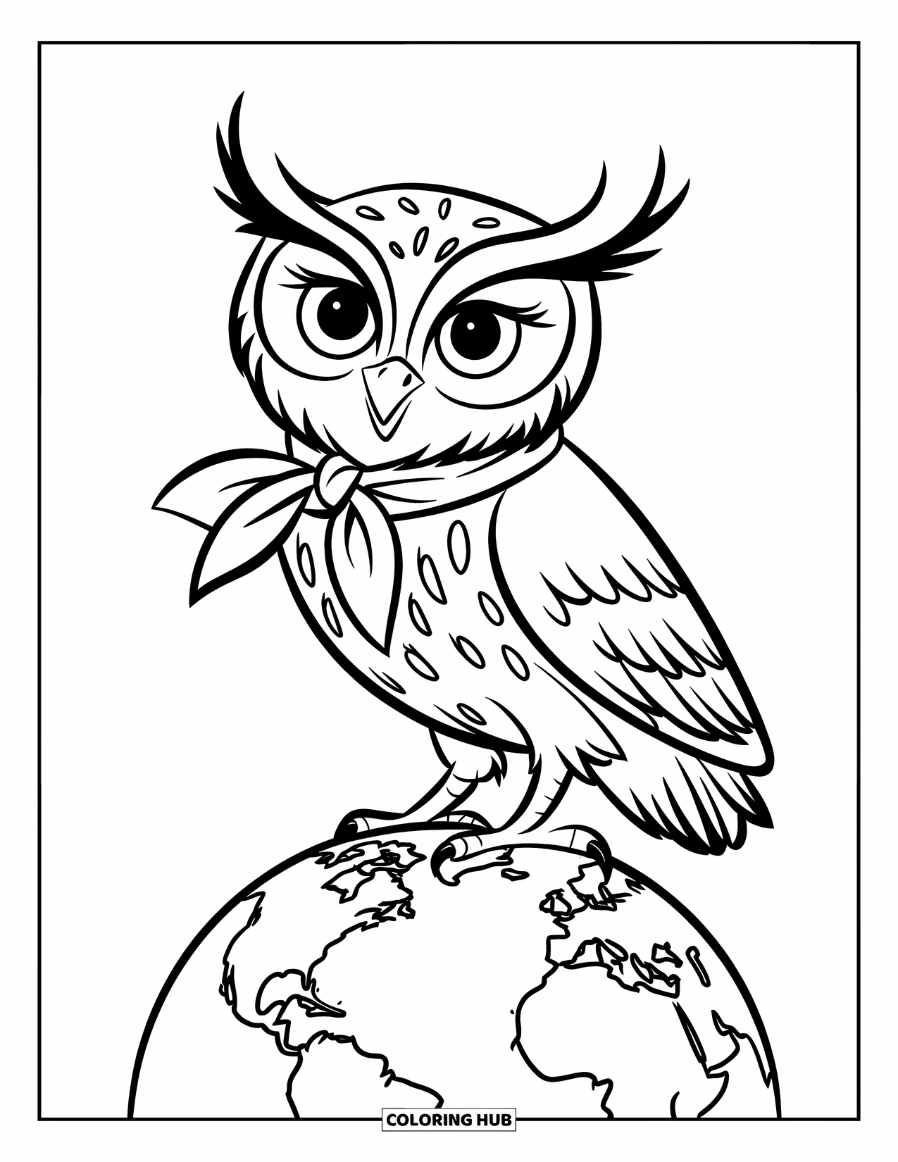 Owl Coloring Page for Kids: An owl with a scarf, standing on a globe with simple continents against a white background