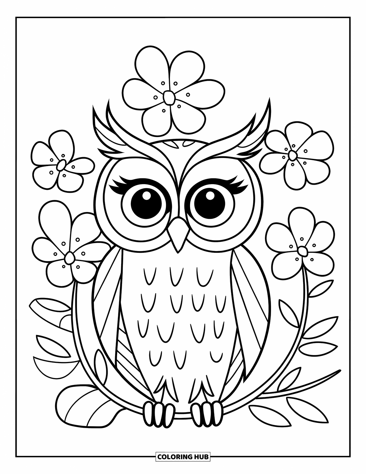 Owl Coloring Page for Kids: An owl with a simple feather texture, large eyes, perched on a branch surrounded by flowers