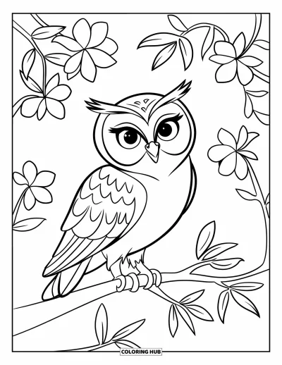 Dibujo de búhos para colorear para niños: Un búho con textura simple en las plumas, posado en una rama rodeada de flores y contornos limpios