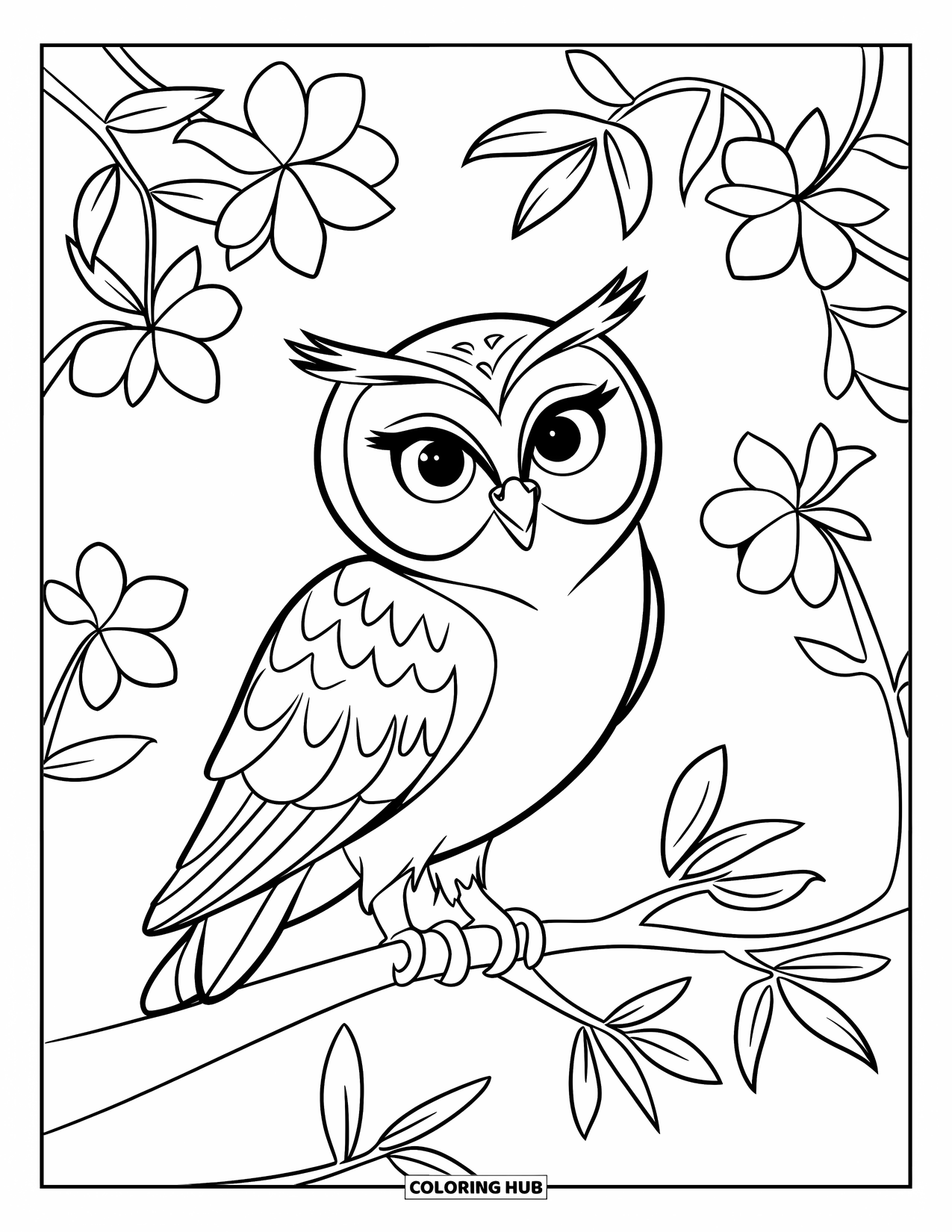 Owl Coloring Page for Kids: An owl with a simple feather texture, perched on a branch surrounded by flowers and clean outlines