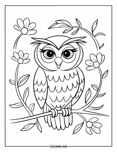 Dibujo de búhos para colorear para niños: Un búho con textura simple en las plumas, posado en una rama rodeada de flores con suaves detalles de pétalos