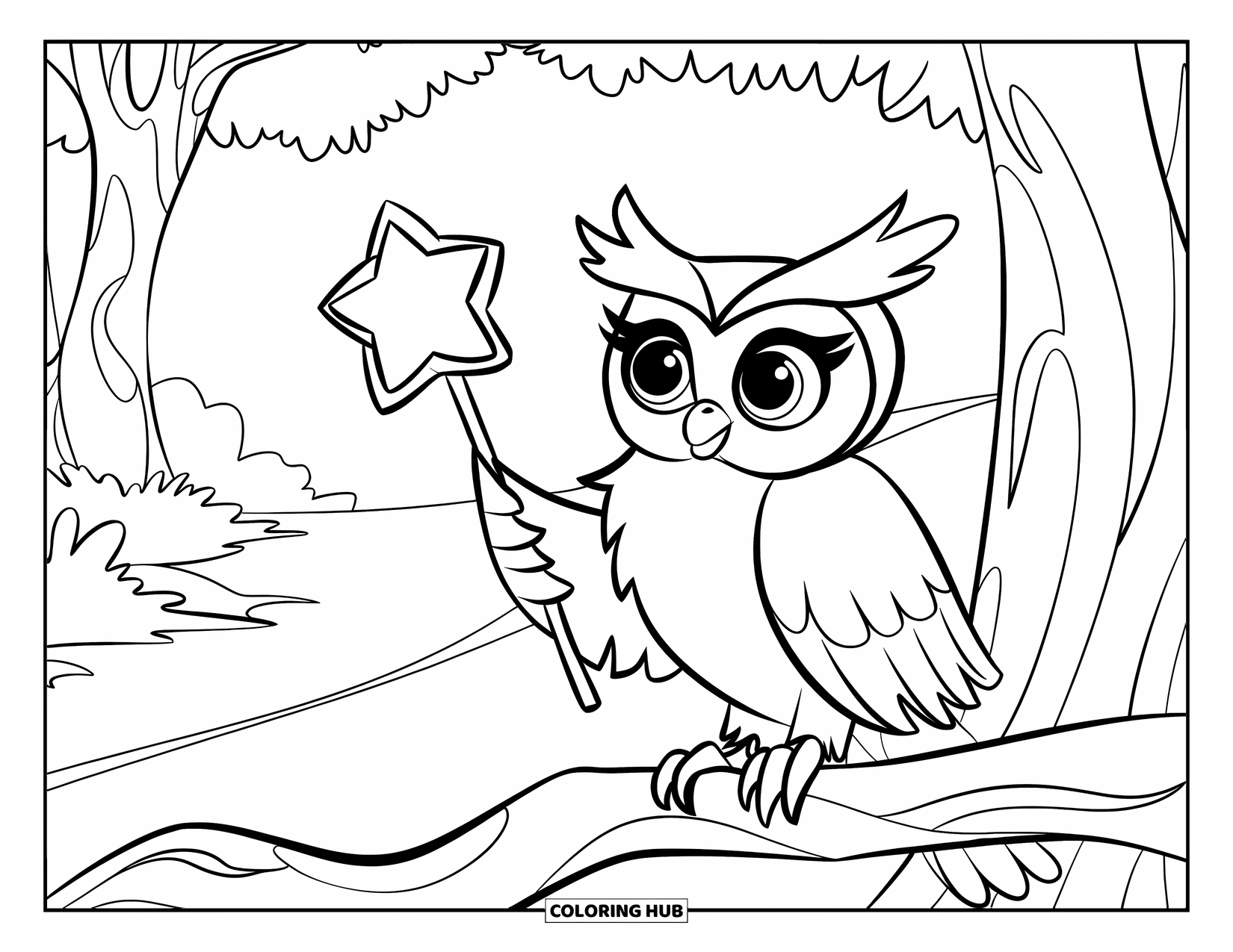Owl Coloring Page for Kids: An owl with a star wand, perched on a branch in a serene forest with trees and a path