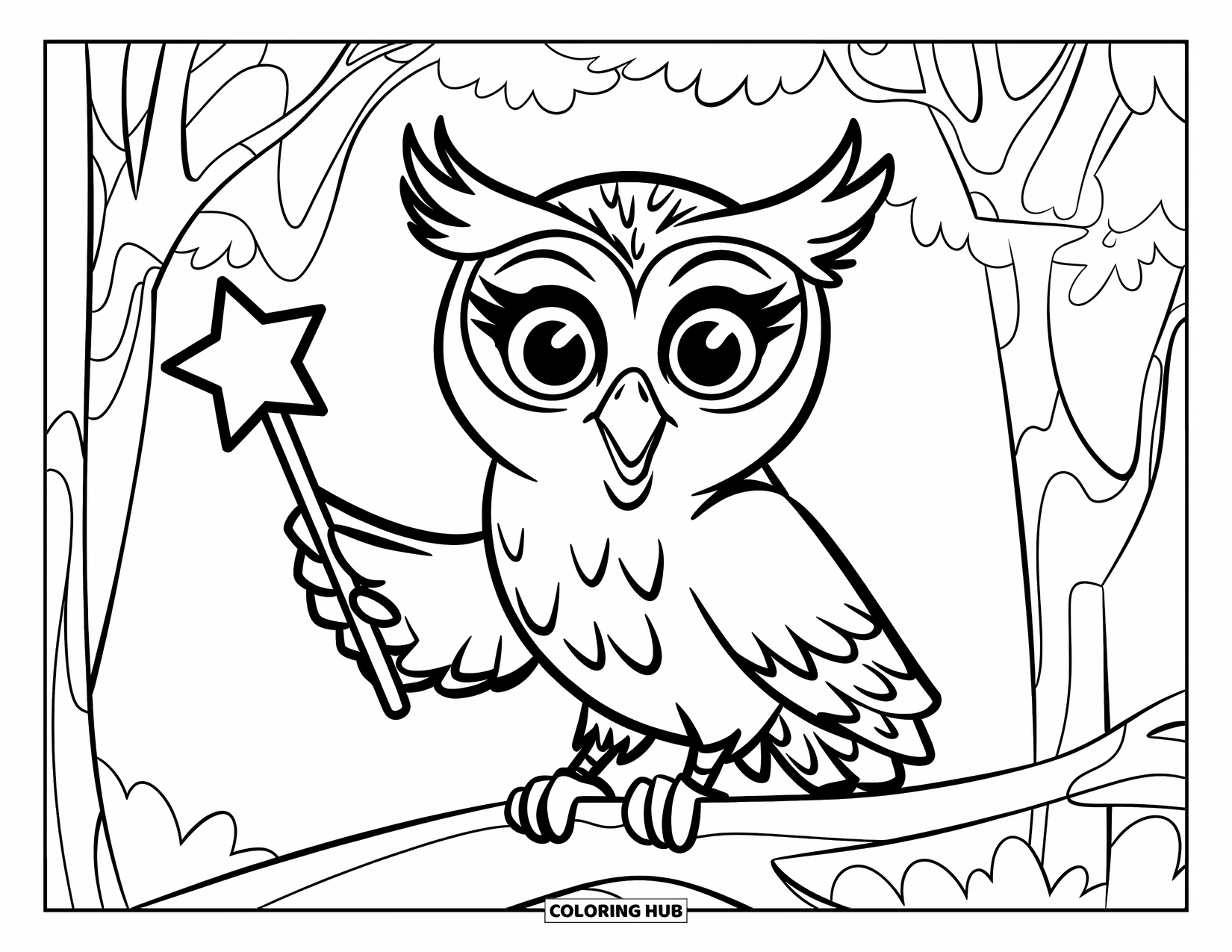 Owl Coloring Page for Kids: An owl with large expressive eyes holding a star wand, perched on a branch in a forest