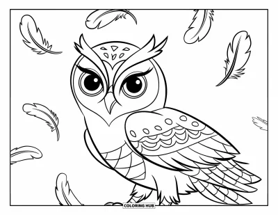 Dibujo de búhos para colorear para niños: Un búho con plumas estampadas, rodeado de plumas flotantes