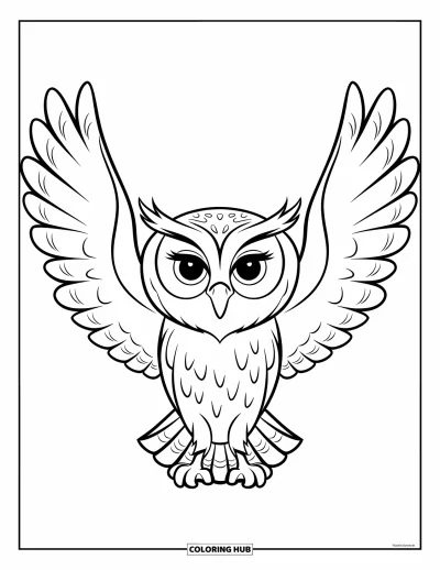 Dibujo de búhos para colorear para niños: Un búho con las alas extendidas, diseñado con formas grandes y suaves y pocos detalles