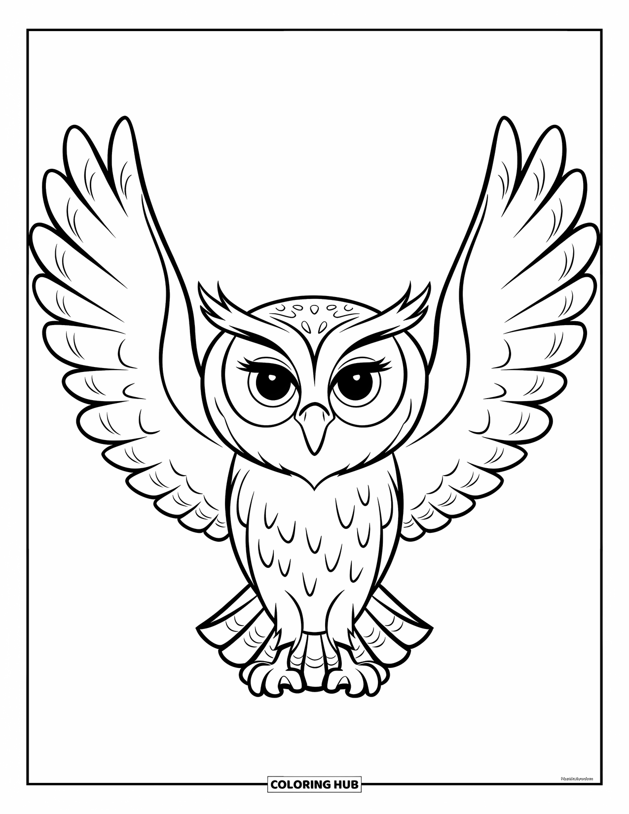 Owl Coloring Page for Kids: An owl with spread wings, designed with large, smooth shapes and minimal details