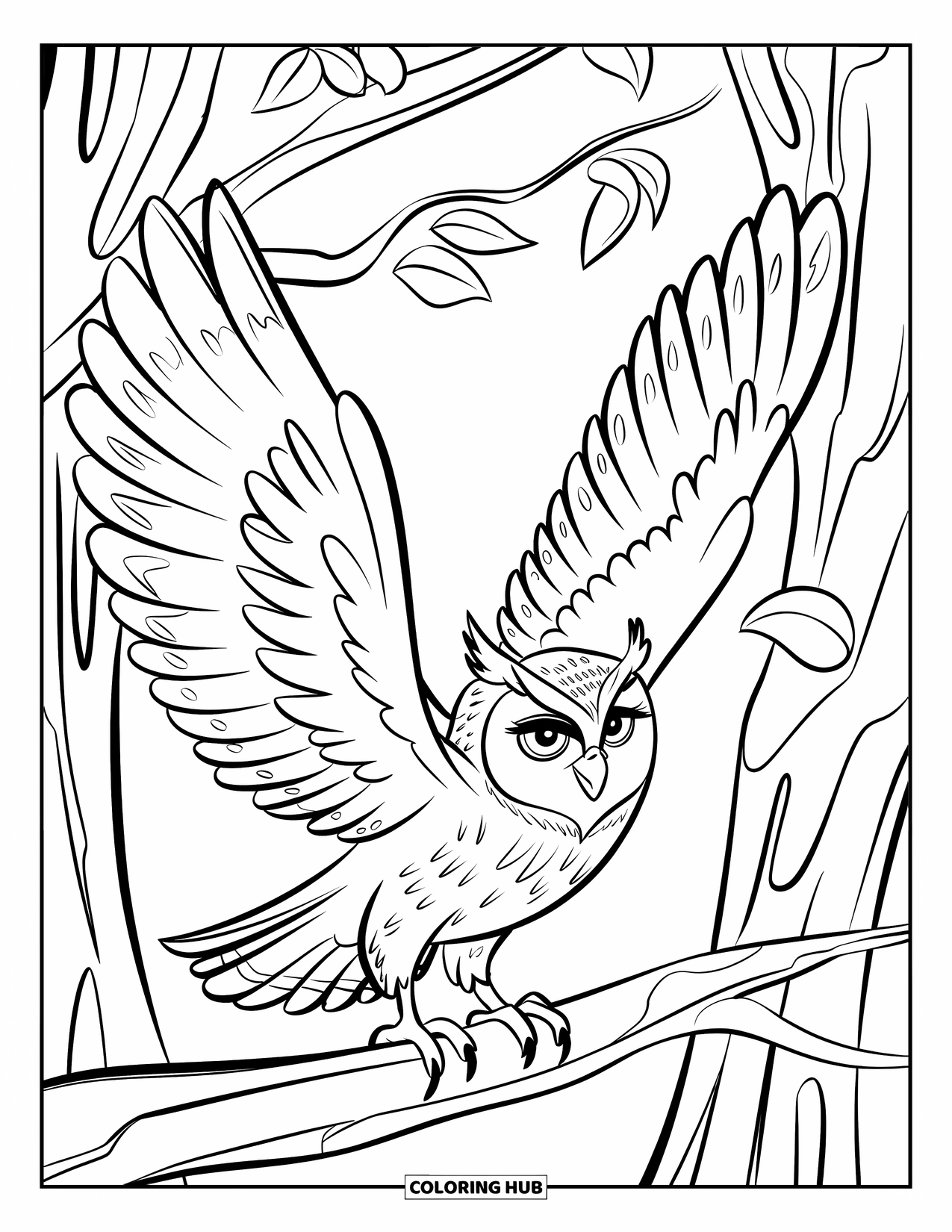 Owl Coloring Page for Kids: An owl with wings flaring, perched on a branch with leaves in the background