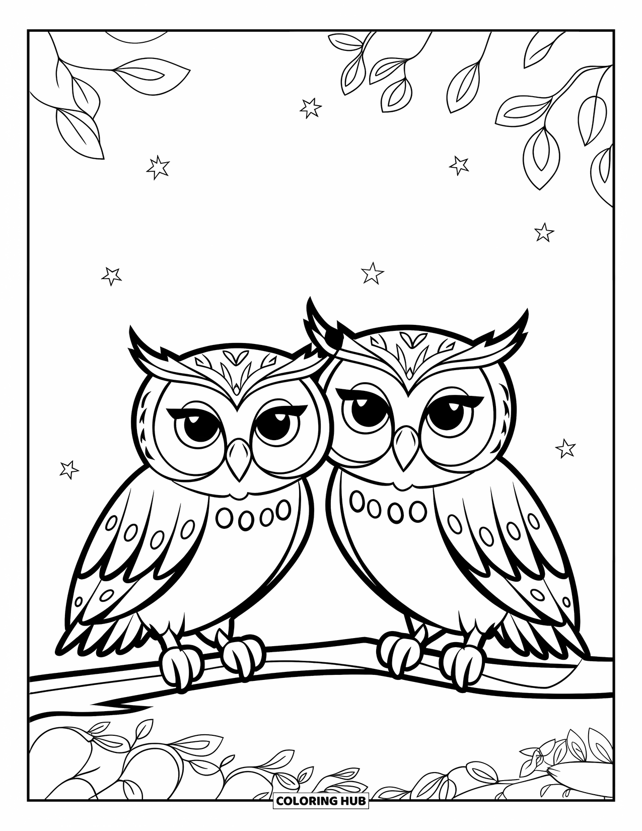 Owl Coloring Page for Kids: Two owls with detailed wings, sitting on a branch with a few stars in the sky
