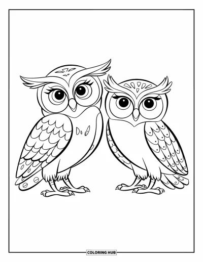 Dibujo de búhos para colorear para niños: Dos búhos de ojos grandes y expresivos, lado a lado, posados en una rama bajo un cielo estrellado