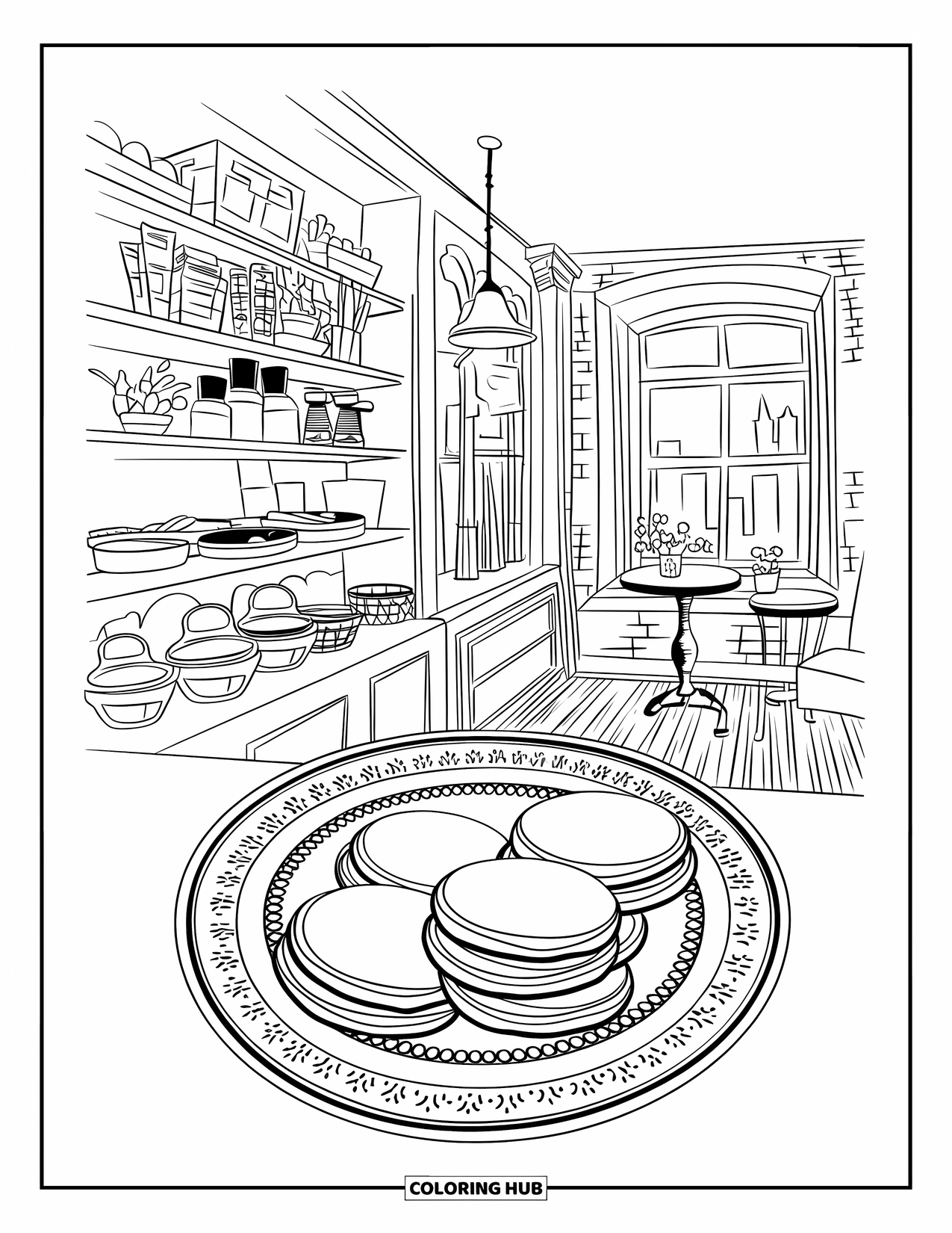Pancake Coloring Page for Adults: A charming café with a decorative pancake plate and a window overlooking a city