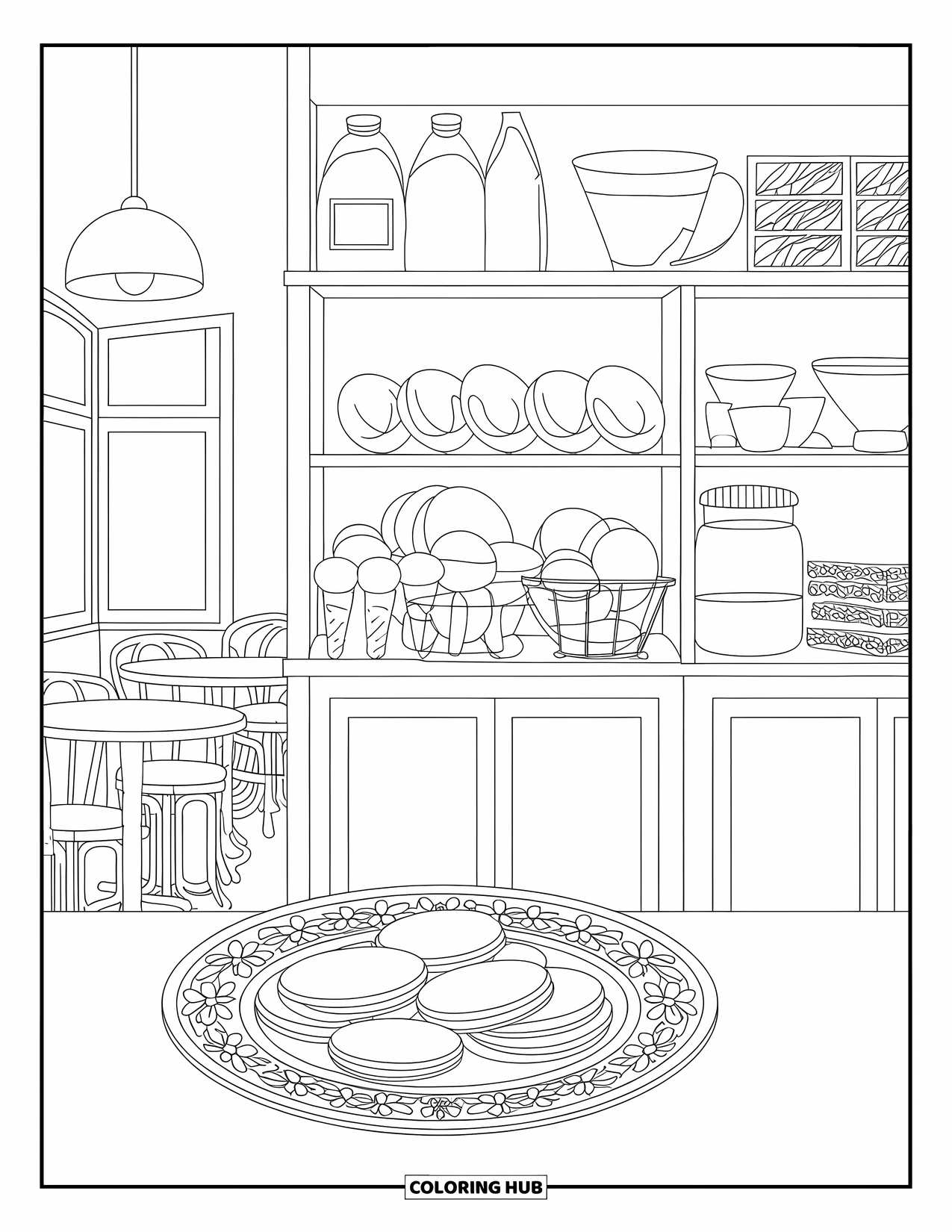 Pancake Coloring Page for Adults: A cozy café scene with shelves of baking ingredients and pancakes in the foreground