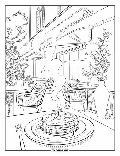 어른을 위한 팬케이크 색칠공부: 팬케이크, 커피, 초록 식물이 있는 아늑한 카페 테이블