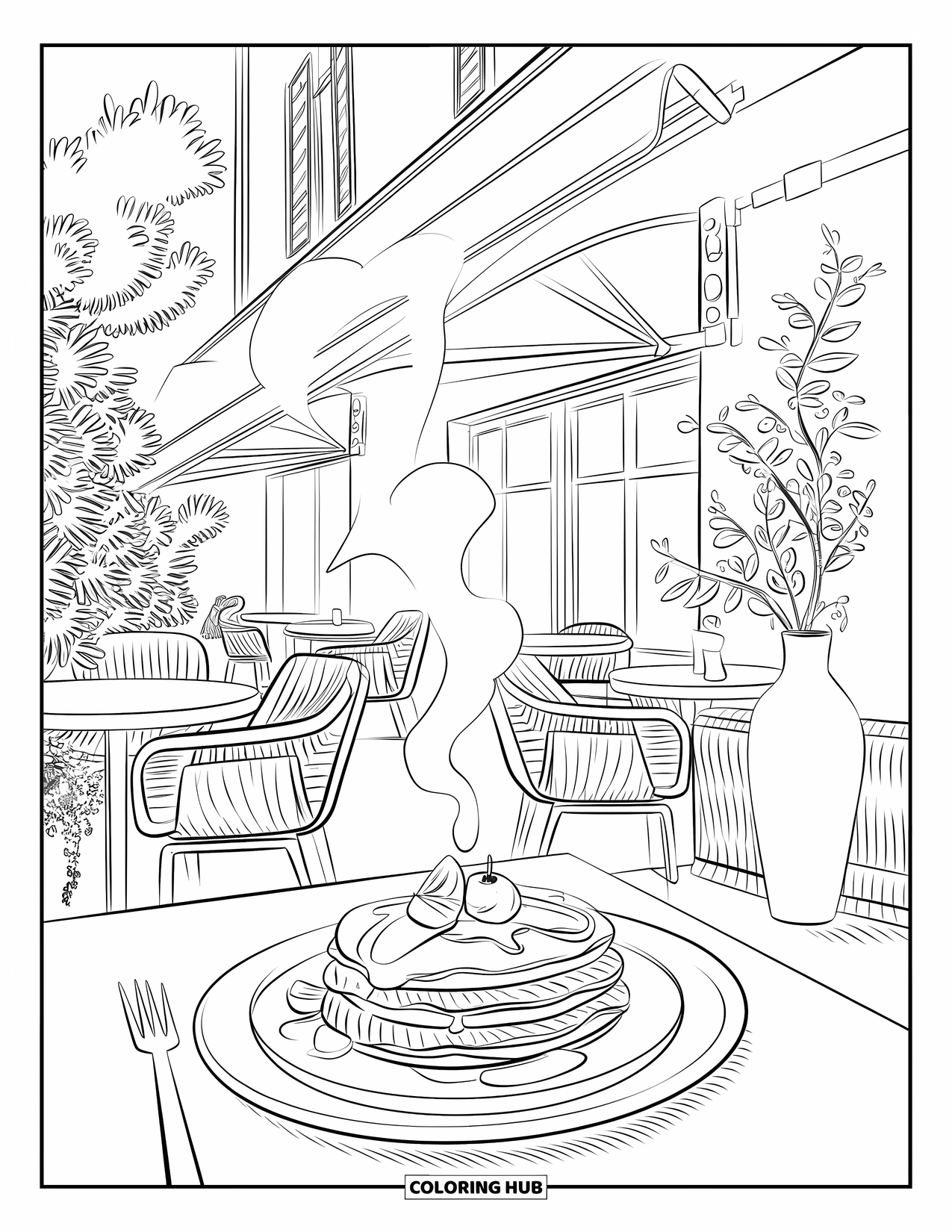 Pancake Coloring Page for Adults: A cozy café table with pancakes, coffee, and green plants nearby