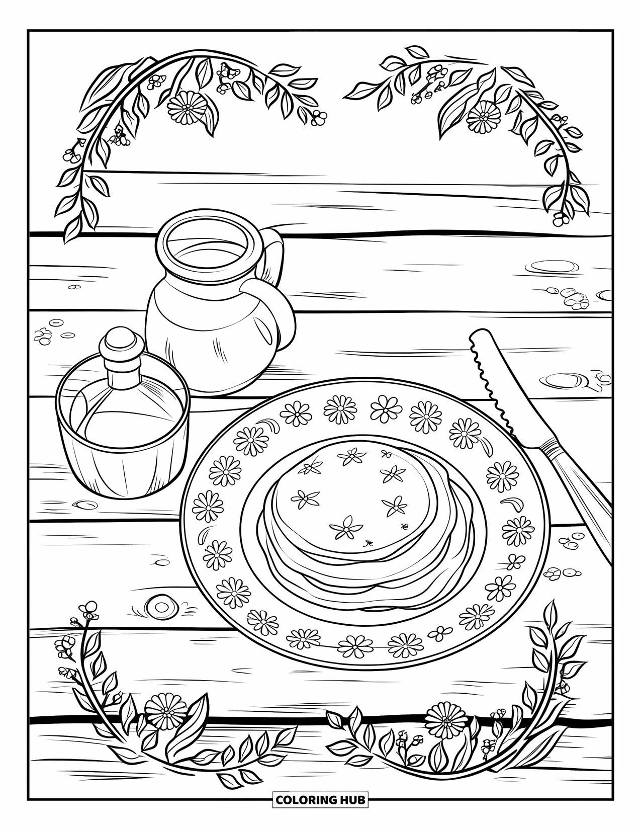 Pancake Coloring Page for Adults: A cozy vintage table with pancakes, an old syrup jar, and a floral border
