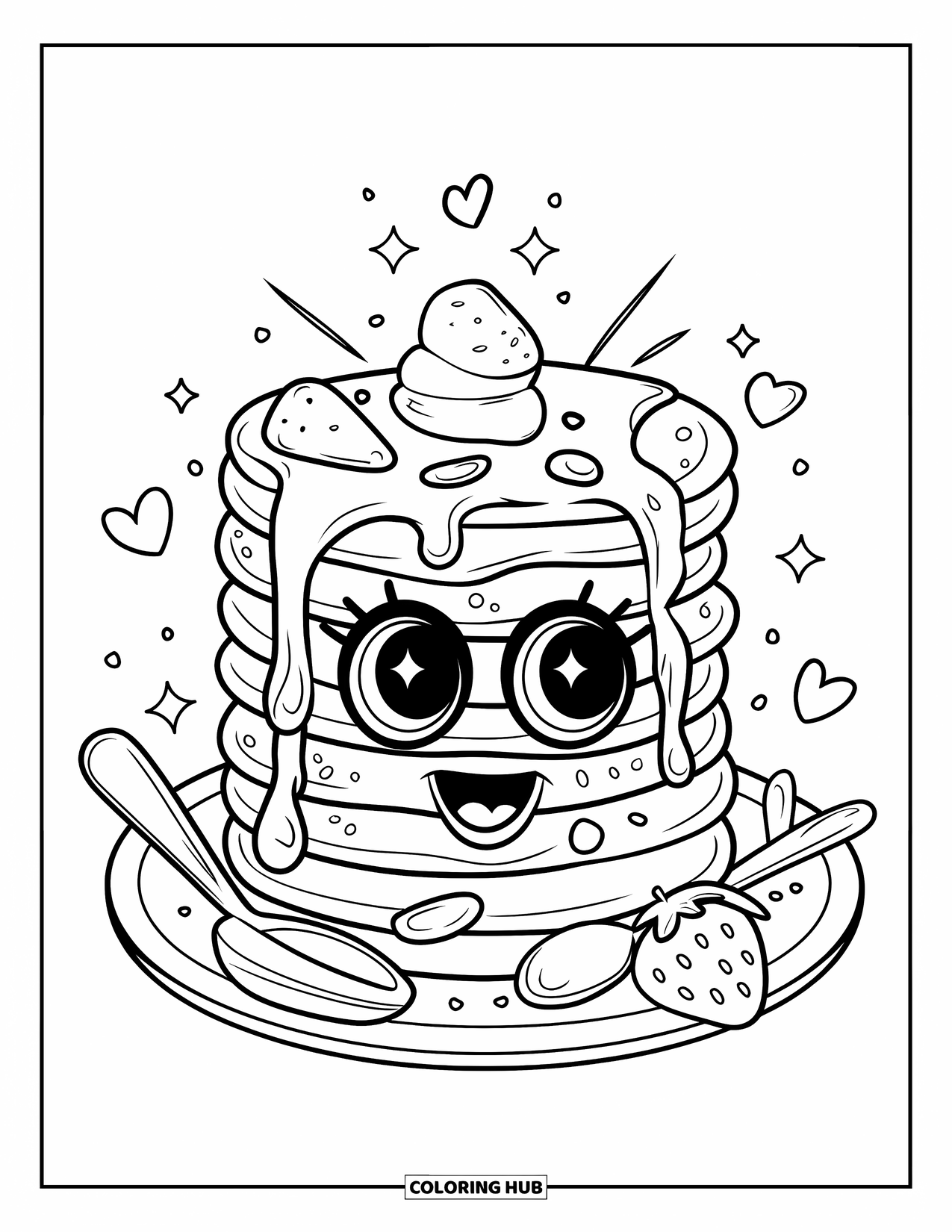 Pancake Coloring Page for Adults: A smiling pancake stack with melting butter, sitting on a plate with hearts and stars