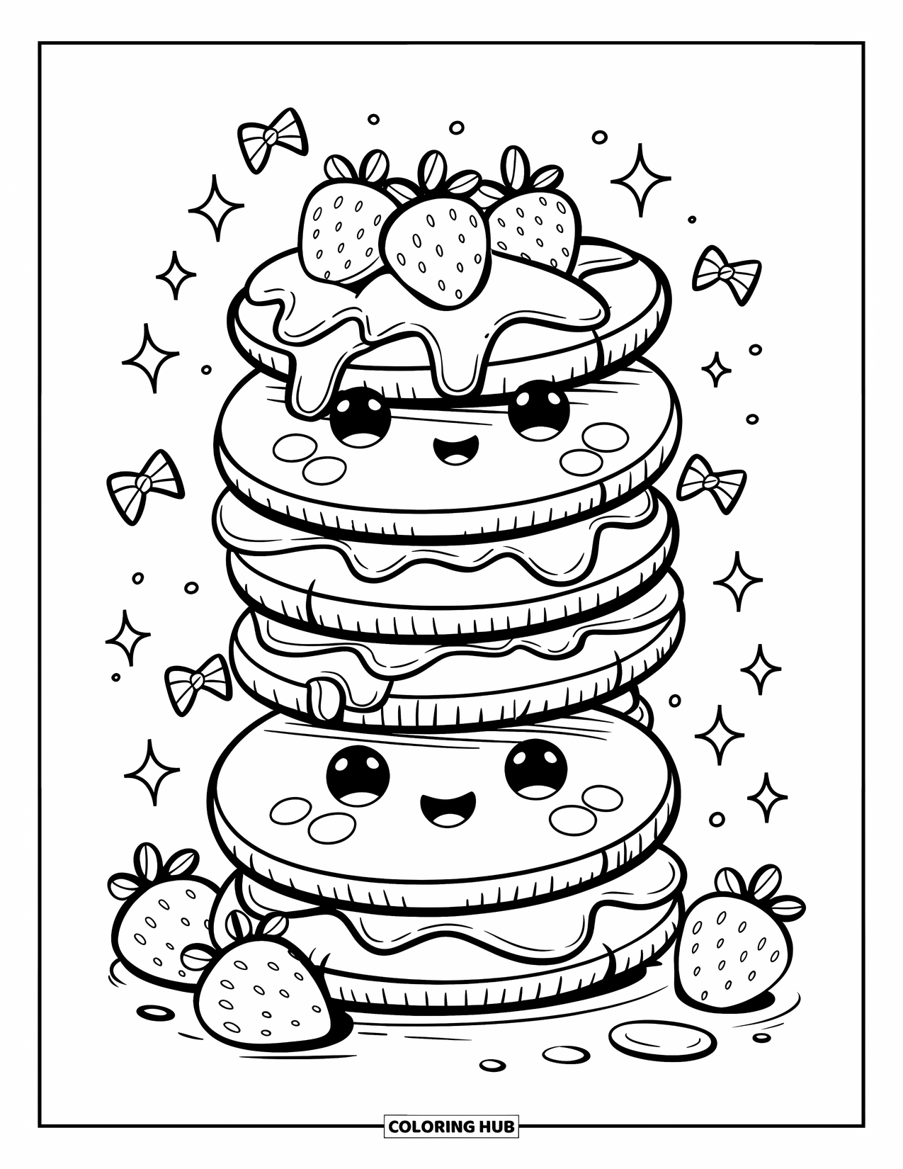 Pancake Coloring Page for Adults: A tower of mini pancakes topped with strawberries and whipped cream, surrounded by tiny bows