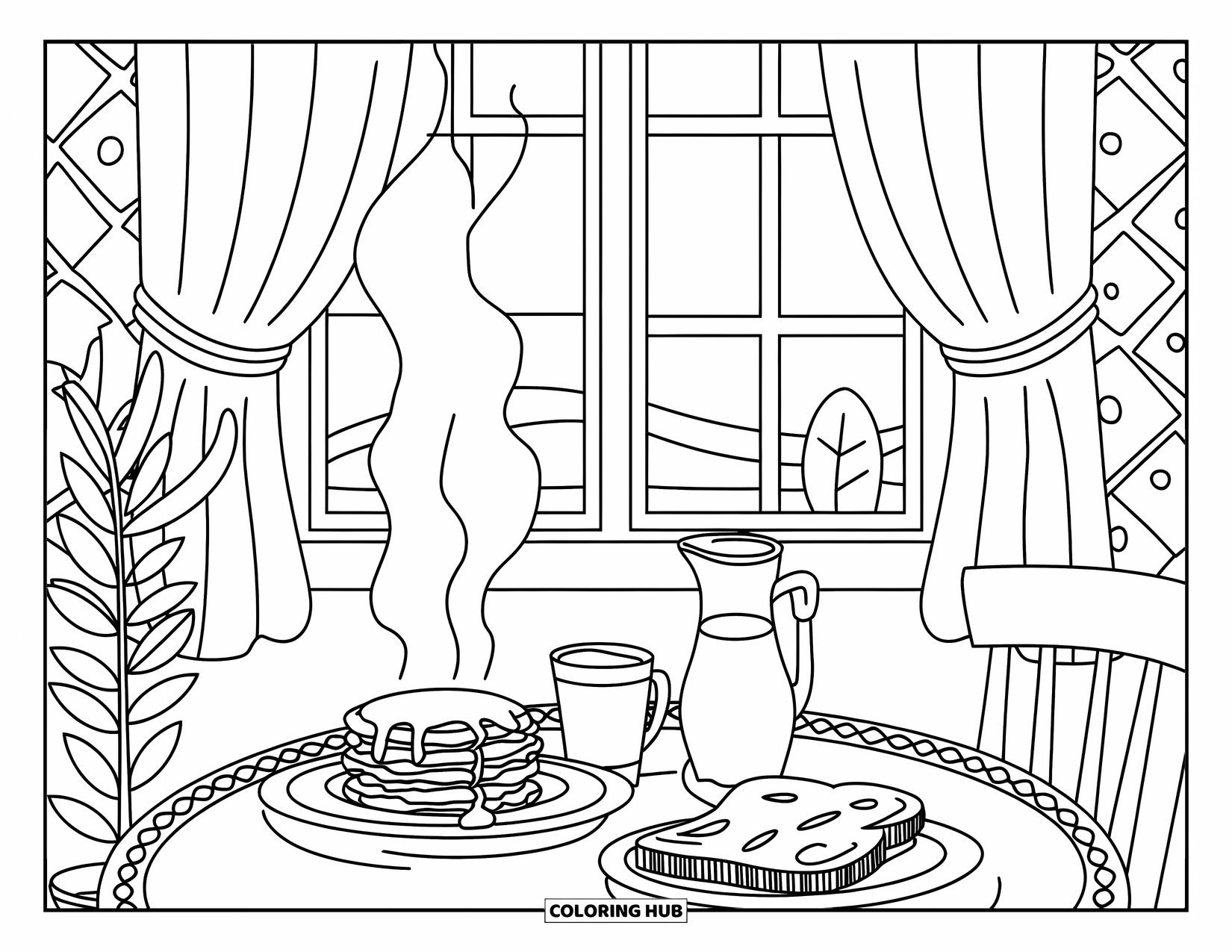 Pancake Coloring Page for Adults: A warm breakfast setting with pancakes, toast, and a potted plant by the window