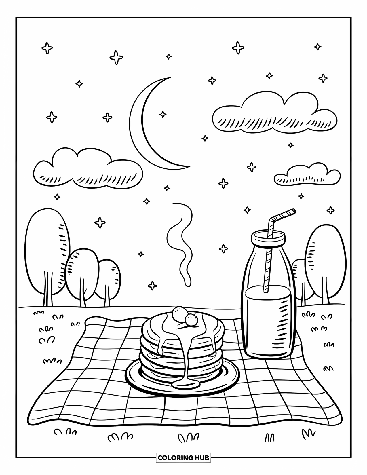 Pancake Coloring Page for Adults: A whimsical nighttime picnic with a checkered blanket, fluffy pancakes, and a glowing sky