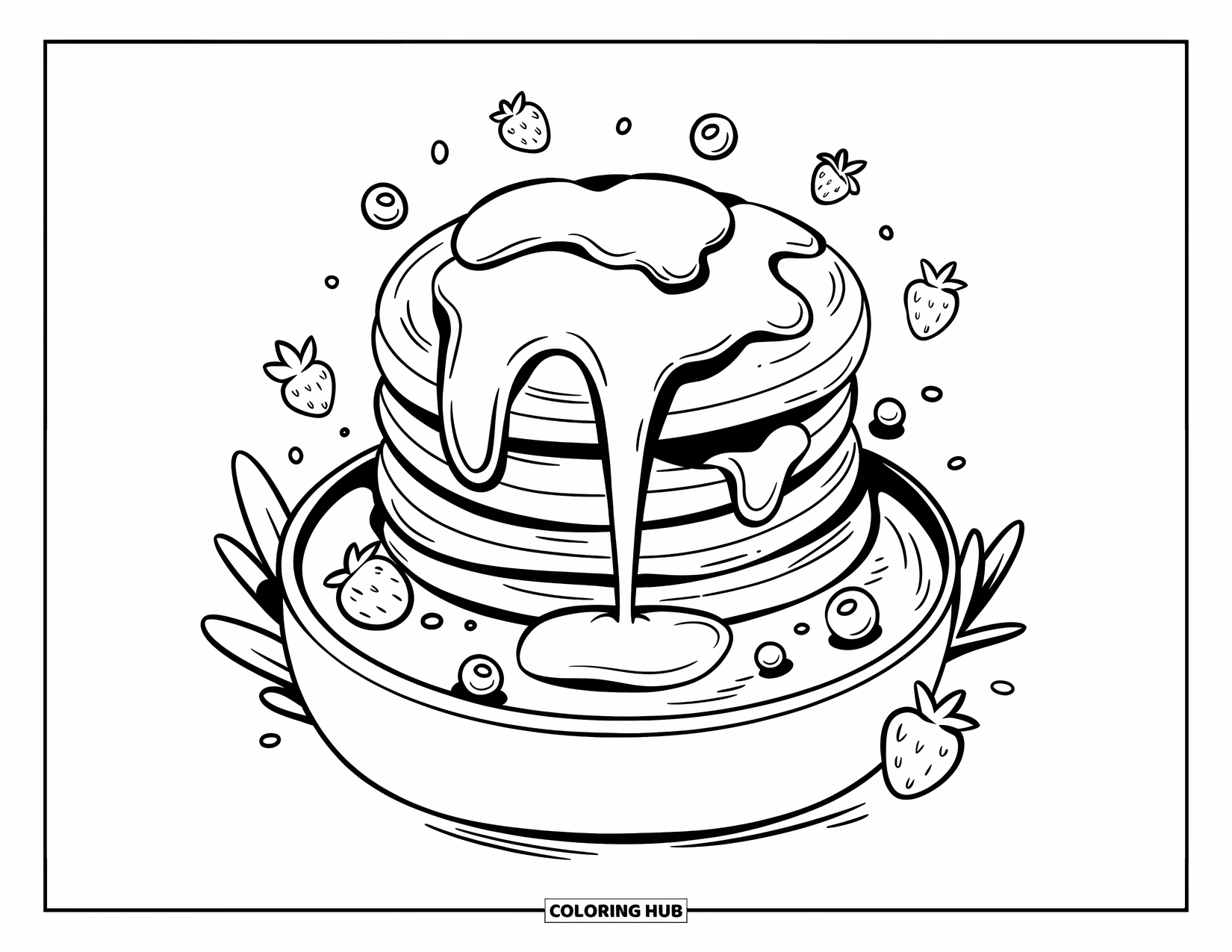 Pancake Coloring Page for Adults: A whimsical pancake fountain where syrup flows like a waterfall into a tiny pool