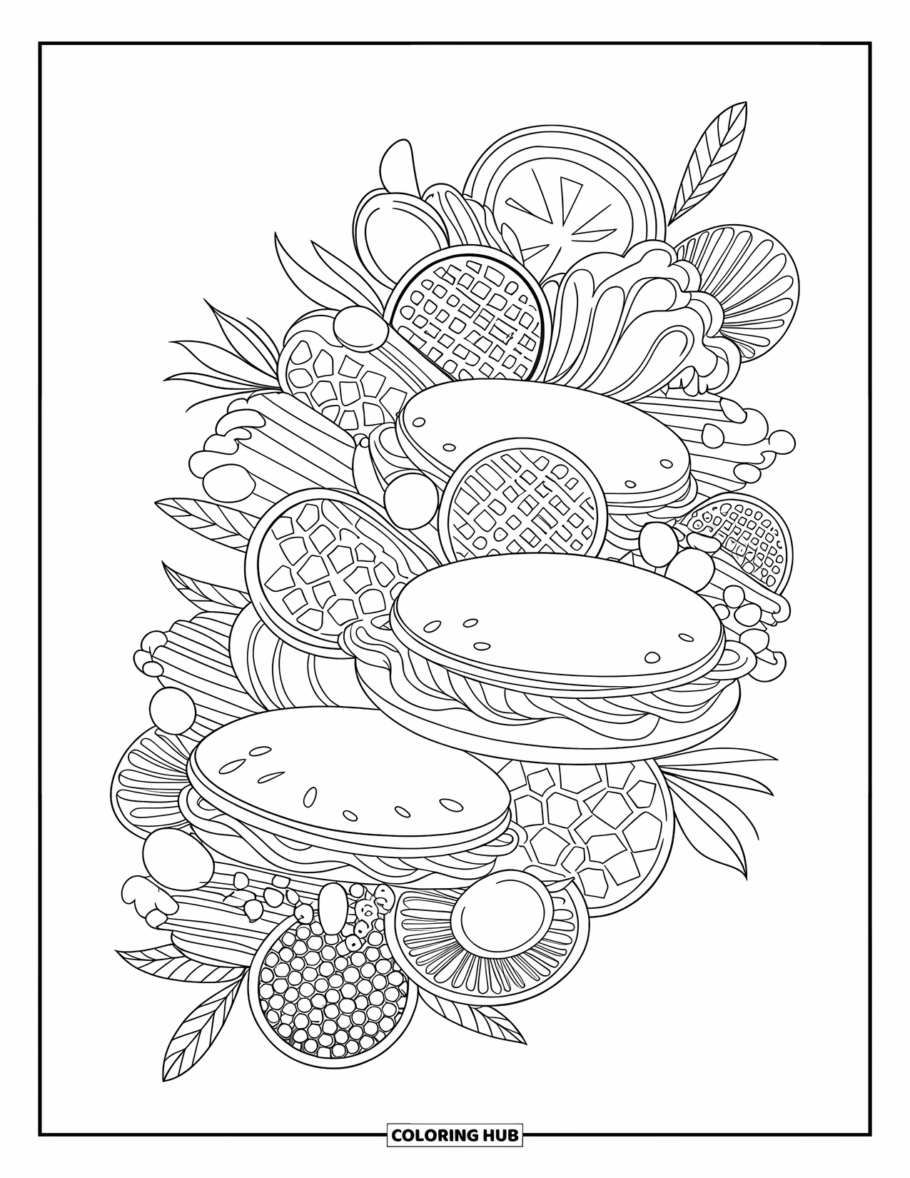 Pancake Coloring Page for Adults: An elegant display of pancake toppings, including fruit, honeycombs, and whipped cream