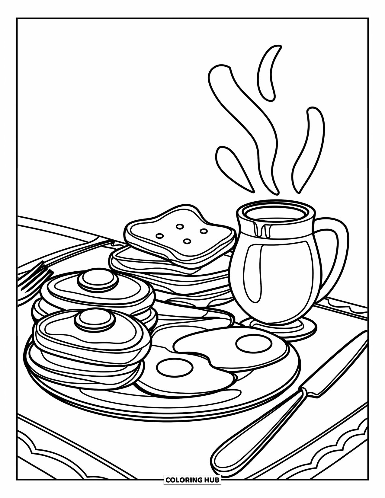Pancake Coloring Page for Kids: A beautifully arranged breakfast plate with pancakes, a knife, fork, and a heart-decorated mug