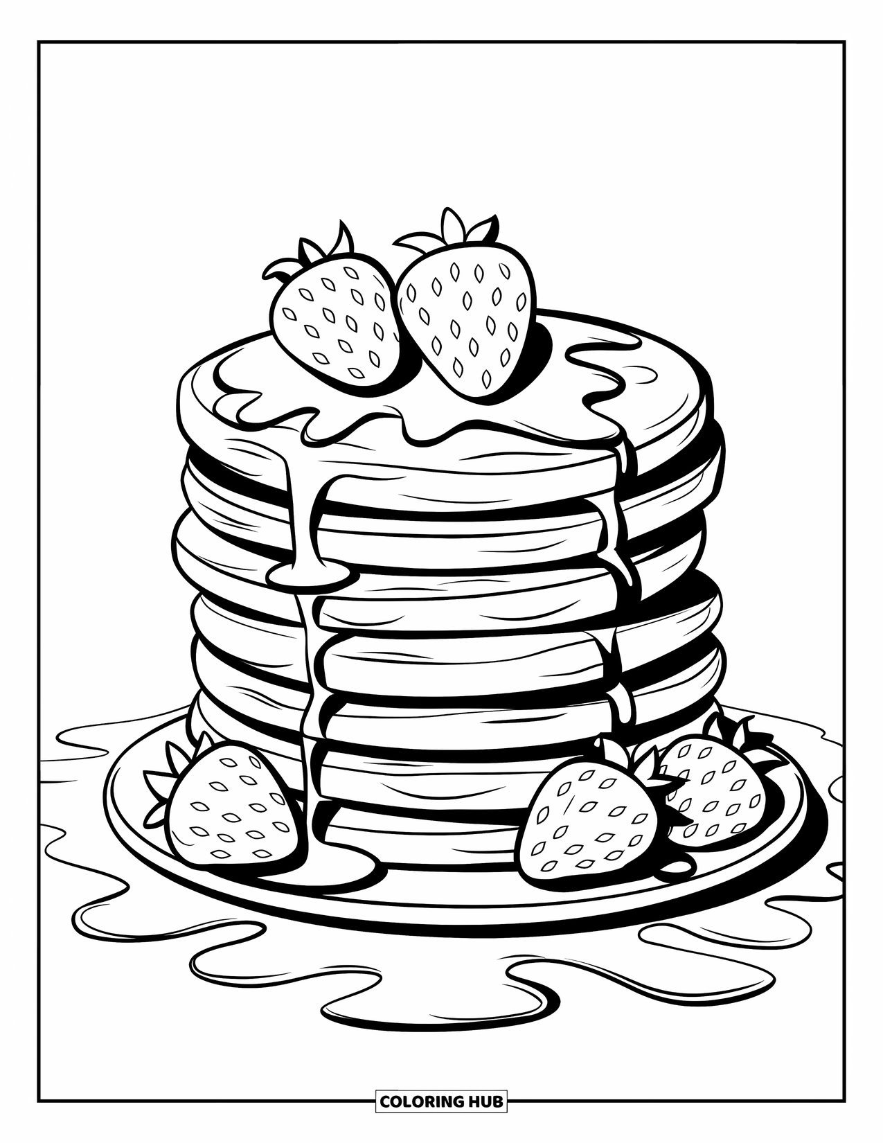 Pancake Coloring Page for Kids: A beautifully arranged pancake stack with strawberries, syrup drizzles, and wavy patterns
